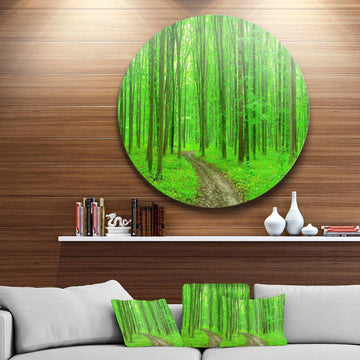 Pathway in Bright Green Forest - Landscape Metal Circle Wall Art